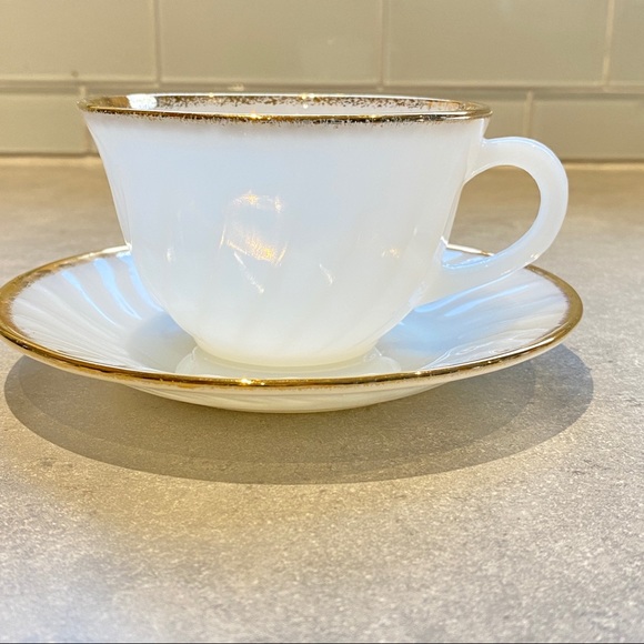 Fire King Milk Glass White and Gold Cup and Saucer - White Swirl made by Anchor - Picture 2 of 6